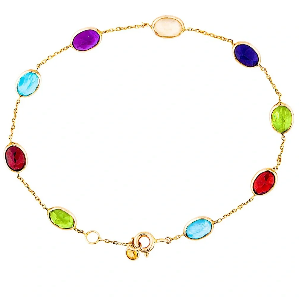 14K Gold Chain Bracelet with Colorful Multi Gemstones - Picture 1 of 12
